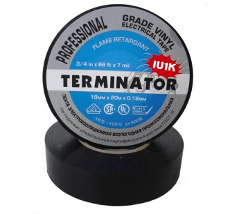Изолента Terminator IU1K 19/20, огнеупорная, всепогодная, 0,17мм/0,18мм, чёрный#2082332