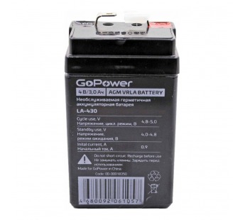 Аккумулятор свинцово-кислотный  4V,  3,0 Ah LA-430/101 "GoPower"#2085735