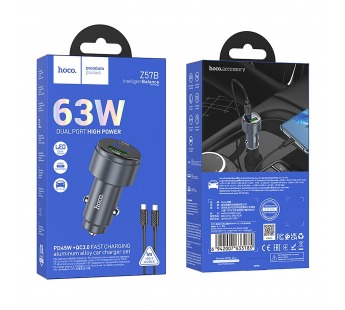 Адаптер Автомобильный с кабелем Hoco Z57B Glorious 63W PD45W+QC3.0 (Type-C/Type-C) (metal gr(236204)#2096113