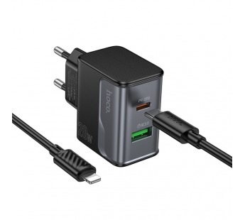 Сетевое зарядное устройство Hoco CS71A, (QC3.0+PD20W) +кабель Type-C/Lightning, цвет черный#2094070