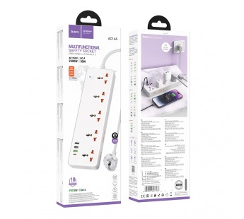 Сетевой удлинитель Hoco AC14A, 1.5м, EU + (1C3A), 2500W/PD30W, белый#2094685