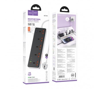 Сетевой удлинитель Hoco AC14A, 1.5м, EU + (1C3A), 2500W/PD30W, черный#2094687