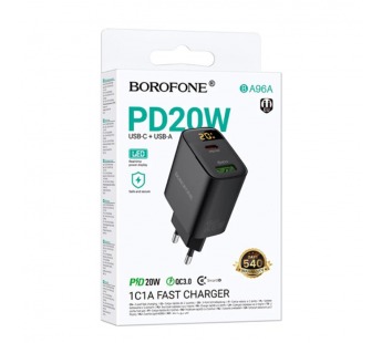 Сетевое ЗУ BOROFONE BA96A (USB QC3.0/PD 20W/дисплей) черное#2096041