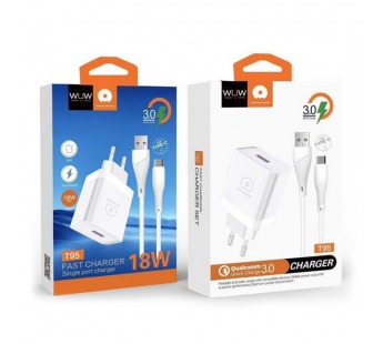 Сетевое зарядное устройство USB WUW T95 (1USB 18W QC3.0 + Кабель USB - Type-C) Белый#2095977