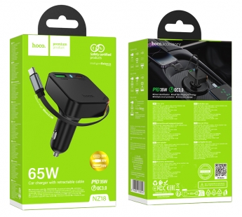 Автомобильное зарядное устройство USB/Type-C Hoco NZ18 (65W, QC3.0, PD, 1Type-C, 1USB, встроенный кабель Type-C) Черный#2103817