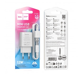 Адаптер Сетевой с кабелем Hoco C134A Solid USB 2,4A/12W (USB/Type-C) (white) (240264)#2099286