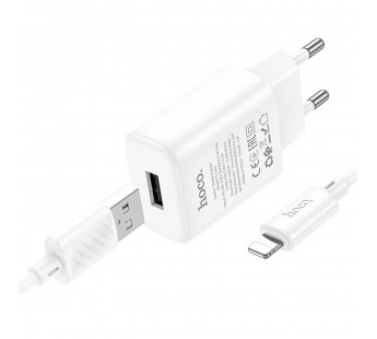 Адаптер Сетевой с кабелем Hoco C134A Solid USB 2,4A/12W (USB/Lightning) (white) (240260)#2103991