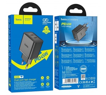 Адаптер Сетевой Hoco N35 Streamer PD GaN 2*Type-C 3A/45W (black) (241005)#2131964