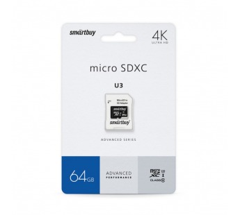 MicroSD  64GB  Smart Buy Сlass 10  Advanced U3 V30 A1 (55/90 Mb/s)+ SD адаптер#2107043