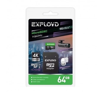 MicroSD  64GB  Exployd Class 10 Vision UHS-I U V30 (95 Mb/s) + SD адаптер#2107004