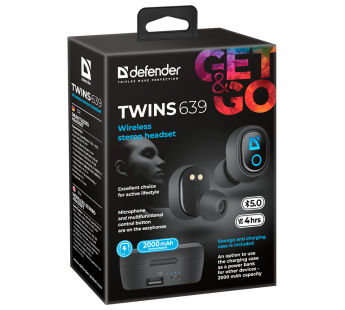 Наушники внутриканальные DEFENDER Twins 639 PB, TWS, Bluetooth, черные (1/40)#2109588