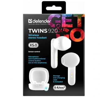 Наушники внутриканальные DEFENDER Twins 920, TWS, Bluetooth, белый (1/40)#2109564