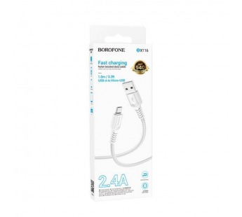 Кабель USB - микро USB Borofone BX116 Certain, 1.0м, 2.4A, ткань, цвет: белый (1/360)#2109280
