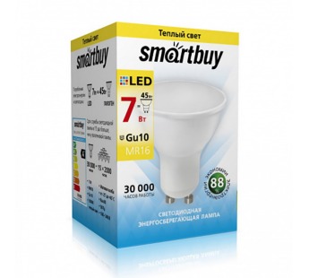 Лампа светодиодная SMARTBUY GU10 (MR16) 7Вт 220V 3000K (рефлекторная, теплый свет) (10/100)#2112979