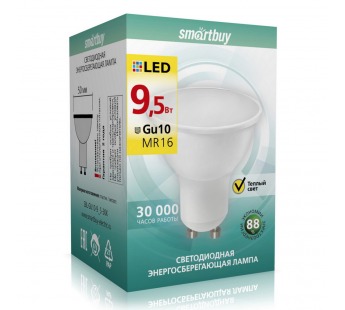 Лампа светодиодная SMARTBUY GU10 (MR16) 9,5Вт 220V 3000K (теплый свет) (10/100)#2113290