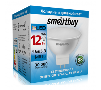 Лампа светодиодная SMARTBUY GU5.3 (MR16) 12Вт 220V 6000K (холодный свет) (10/100)#2113489