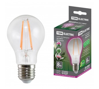 Лампа светодиодная TDM A60-8 Вт-230 В-E27-CL "ФИТО" 60*108 мм, фито спектр (1/100)#2114560