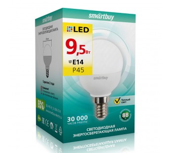 Лампа светодиодная SMARTBUY P45 9,5Вт 220V 3000K E14 (глоб, теплый свет) (10/100)#2113383
