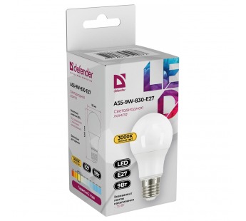 Лампа светодиодная DEFENDER A55 9Вт E27 3000К груша теплый белый (10/100)#2112875