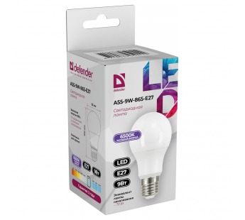 Лампа светодиодная DEFENDER A55 9Вт E27 6500К груша холодный дневной (10/100)#2112873