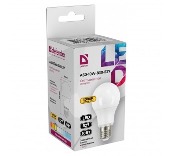 Лампа светодиодная DEFENDER A60 10Вт E27 3000К груша теплый белый (10/100)#2112971