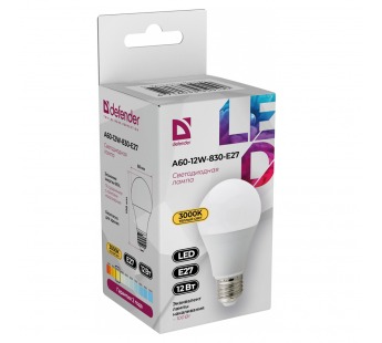 Лампа светодиодная DEFENDER A60 12Вт E27 3000К груша теплый белый (10/100)#2112920