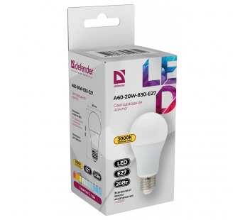 Лампа светодиодная DEFENDER A60 20Вт E27 3000К груша теплый белый (10/100)#2112913