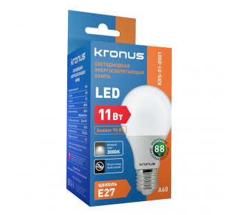 Лампа светодиодная KRONUS A60 груша 11 Вт 220V 3000K E27 тёплый свет (10/100)#2113395