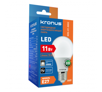 Лампа светодиодная KRONUS A60 груша 11 Вт 220V 4000K E27 нейтральный свет (10/100)#2113393