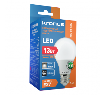 Лампа светодиодная KRONUS A60 груша 13 Вт 220V 3000K E27 тёплый свет (10/100)#2113381