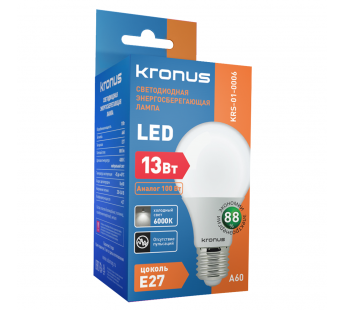 Лампа светодиодная KRONUS A60 груша 13 Вт 220V 6000K E27 холодный свет (10/100)#2113378