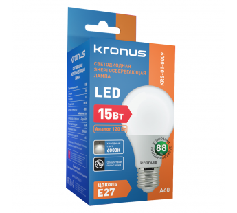 Лампа светодиодная KRONUS A60 груша 15 Вт 220V 6000K E27 холодный свет (10/100)#2113494