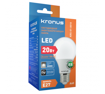 Лампа светодиодная KRONUS A60 груша 20 Вт 220V 3000K E27 тёплый свет (10/100)#2114324