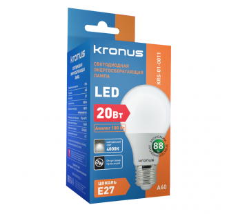 Лампа светодиодная KRONUS A60 груша 20 Вт 220V 4000K E27 нейтральный свет (10/100)#2114323