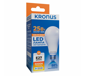 Лампа светодиодная KRONUS A65 груша 25 Вт 220V 3000K E27 тёплый свет (10/100)#2114342
