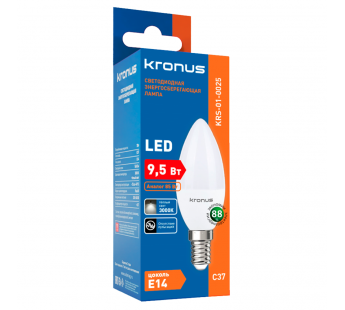 Лампа светодиодная KRONUS C37 свеча 9,5 Вт 220V 3000K E14 тёплый свет (10/100)#2113435