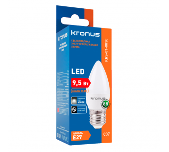 Лампа светодиодная KRONUS C37 свеча 9,5 Вт 220V 6000K E27 холодный свет (10/100)#2113426