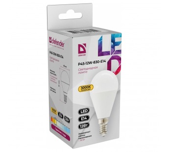 Лампа светодиодная DEFENDER P45 12Вт E14 3000К шар теплый белый (10/100)#2112958
