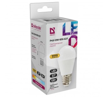 Лампа светодиодная DEFENDER P45 12Вт E27 3000К шар теплый белый (10/100)#2112955