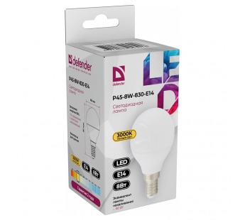 Лампа светодиодная DEFENDER P45 8Вт E14 3000К шар теплый белый (10/100)#2112801