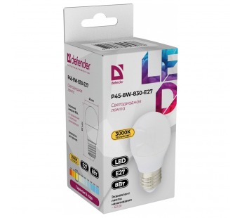 Лампа светодиодная DEFENDER P45 8Вт E27 3000К шар теплый белый (10/100)#2112798