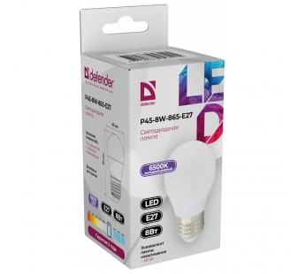 Лампа светодиодная DEFENDER P45 8Вт E27 6500К шар холодный дневной (10/100)#2112796