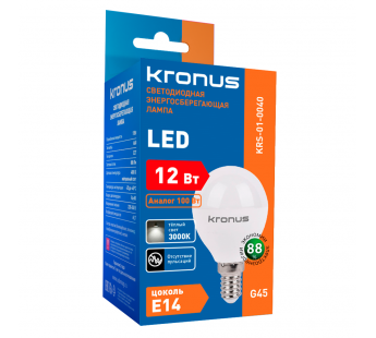 Лампа светодиодная KRONUS G45 шар 12 Вт 220V 3000K E14 тёплый свет (10/100)#2113911