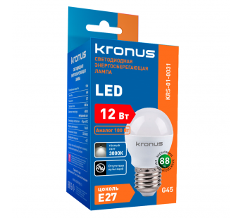 Лампа светодиодная KRONUS G45 шар 12 Вт 220V 3000K E27 тёплый свет (10/100)#2113906