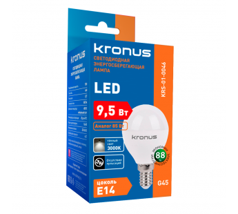 Лампа светодиодная KRONUS G45 шар 9,5 Вт 220V 3000K E14 тёплый свет (10/100)#2113423