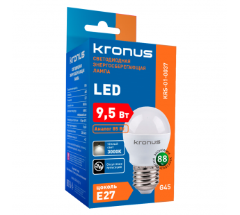 Лампа светодиодная KRONUS G45 шар 9,5 Вт 220V 3000K E27 тёплый свет (10/100)#2113421