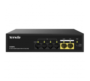 Коммутатор TENDA S106PC неуправляемый PoE , 6 портов, 5x100 Мбит/с, PoE 4х до 30 Вт, настольный , черный (1/20)#2126798
