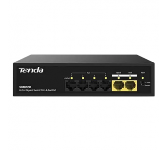 Коммутатор неуправляемый PoE TENDA SG106PC, 6 портов, 6x1 Гбит/с, PoE 4х до 30 Вт, 2хUplink, настольный ,черный (1/20)#2126948