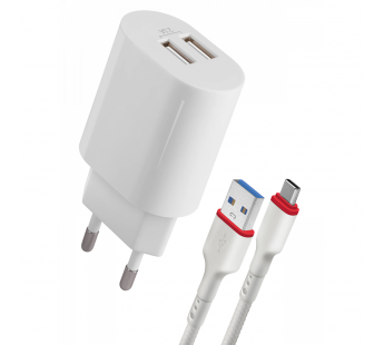Блок питания сетевой 2 USB DEFENDER UPC-24 5V/2.1А,кабель Type-C, белый (1/50/200)#2119756