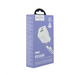 Блок питания сетевой 1 USB, 1 Type-C HOCO N65, QC3.0, PD20Вт, кабель Type-C - Type-C, цвет: белый (1/13/130)#2128569